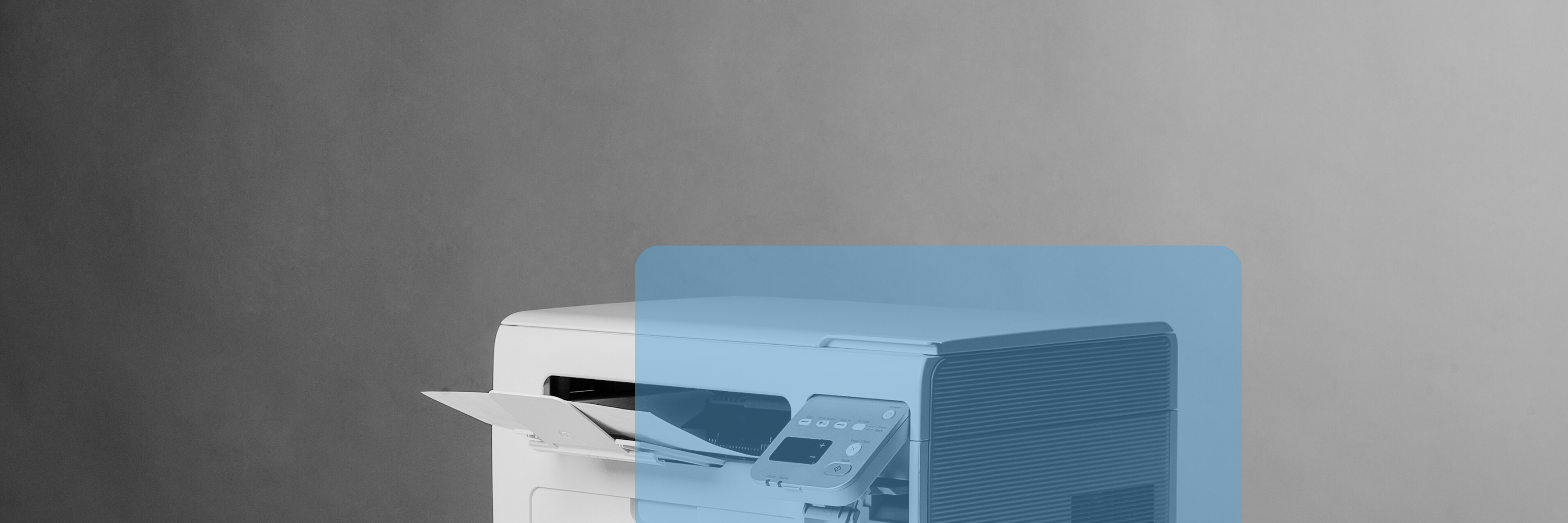 Printer with blue background.