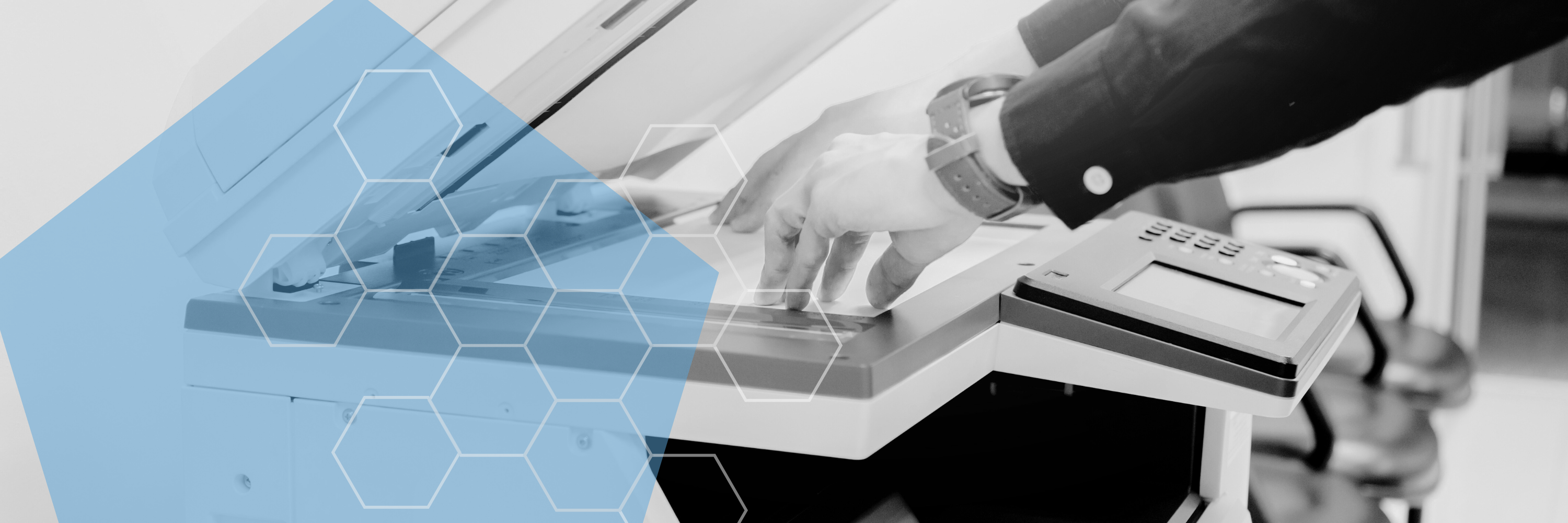 Printer with blue background.