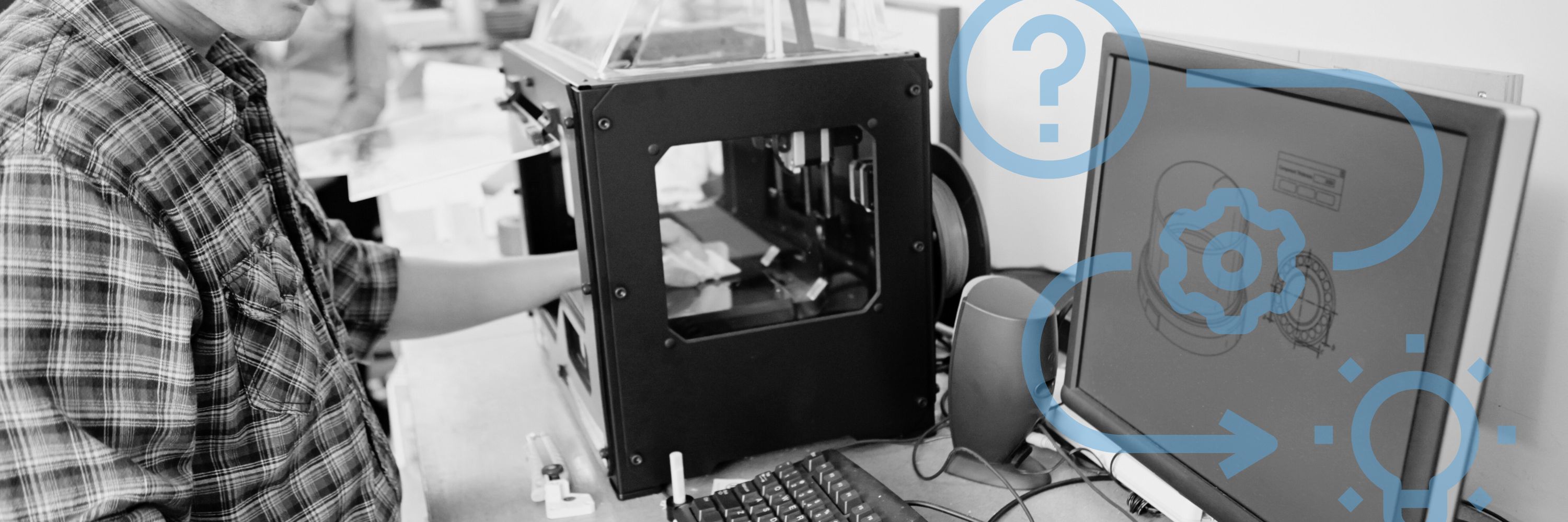 A man uses a 3D printer and a graphic overlay depicts a problem and solution