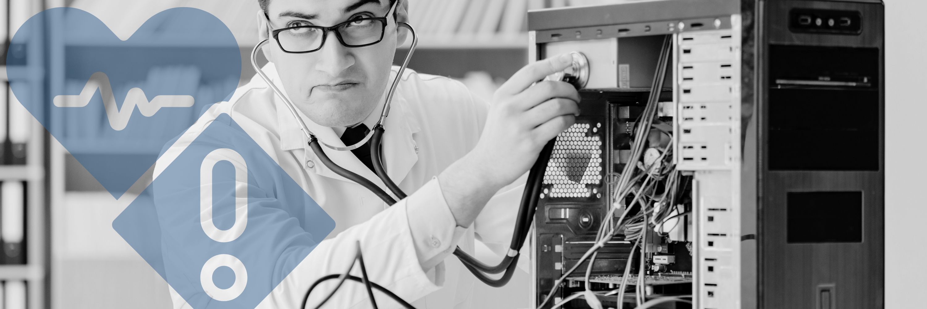 A doctor is checking the pulse of a computer with a graphic overlay of a heart and a warning sign