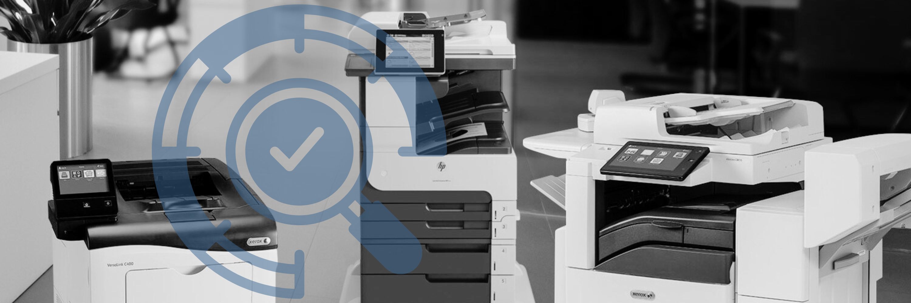 3 printer in an office (2 Xerox printers and 1 HP)