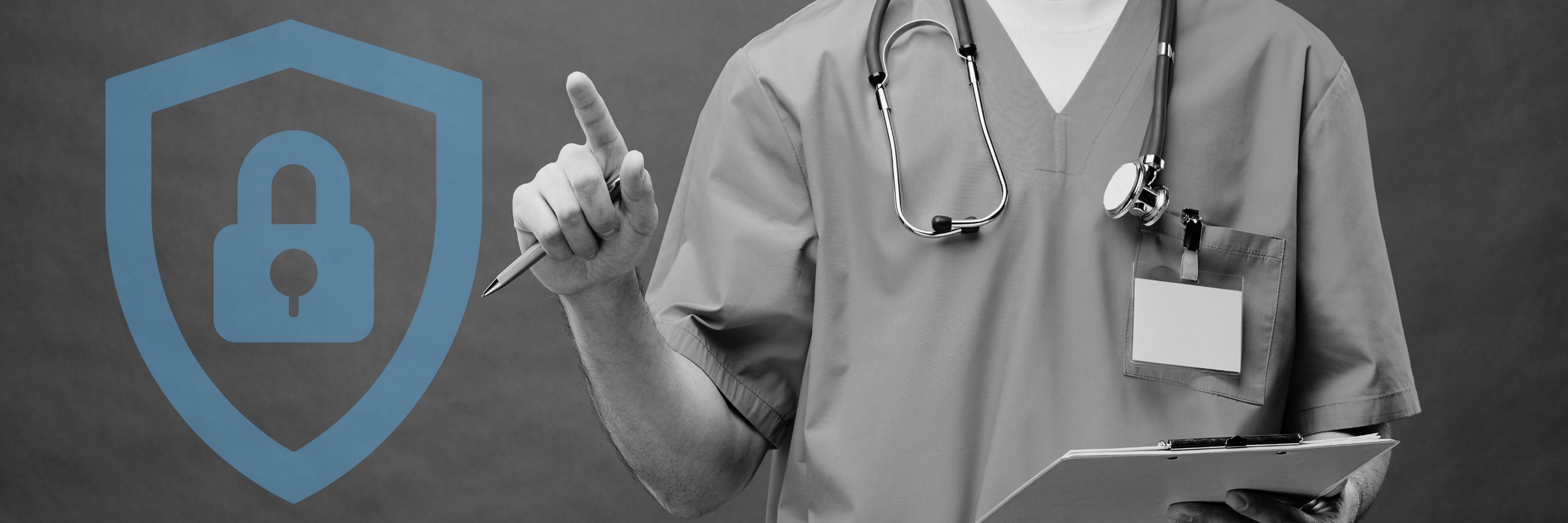 A healthcare staff point their finger upwards with a graphic overlay of a security lock