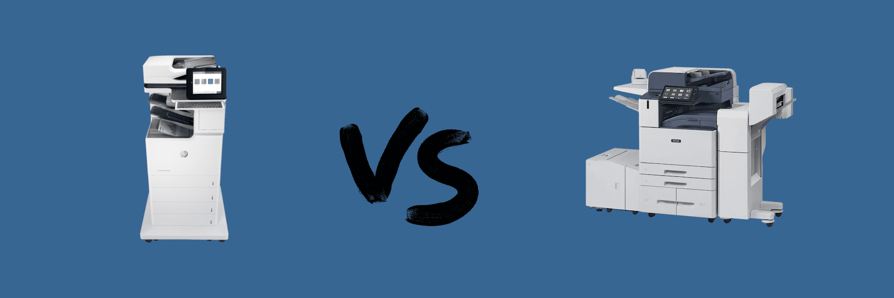 A picture of the HP LaserJet Enterprise M776zs printer model vs. a picture of the Xerox AltaLink C8145 on a blue background 