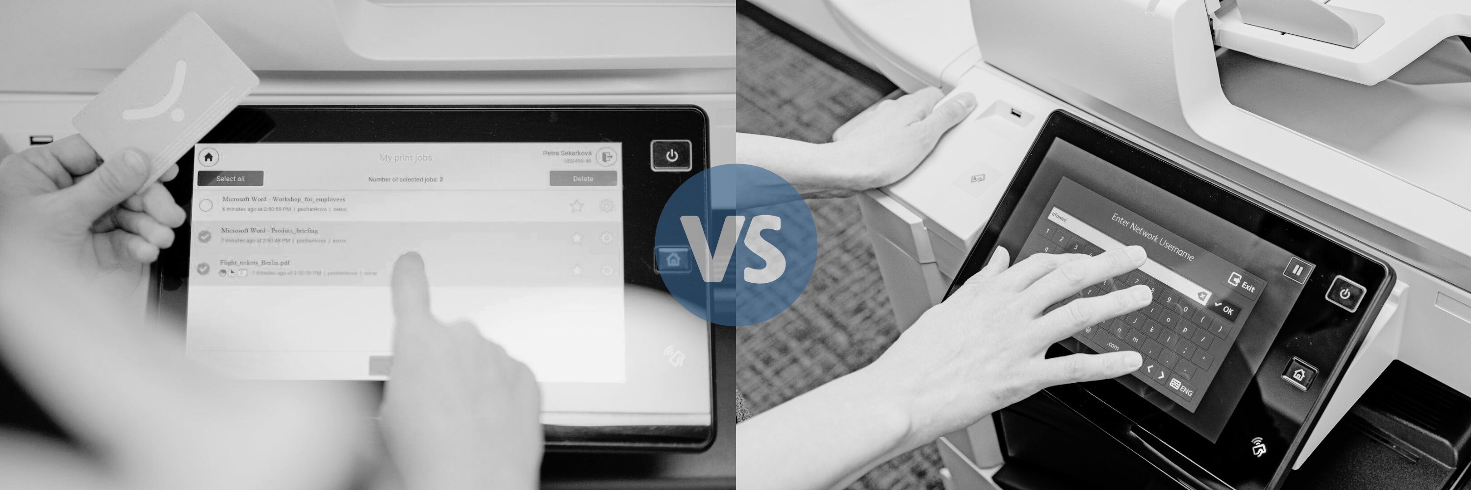 Side by comparison of person using Ysoft SafeQ Software and someone using Xerox Standard Accounting on Xerox printer