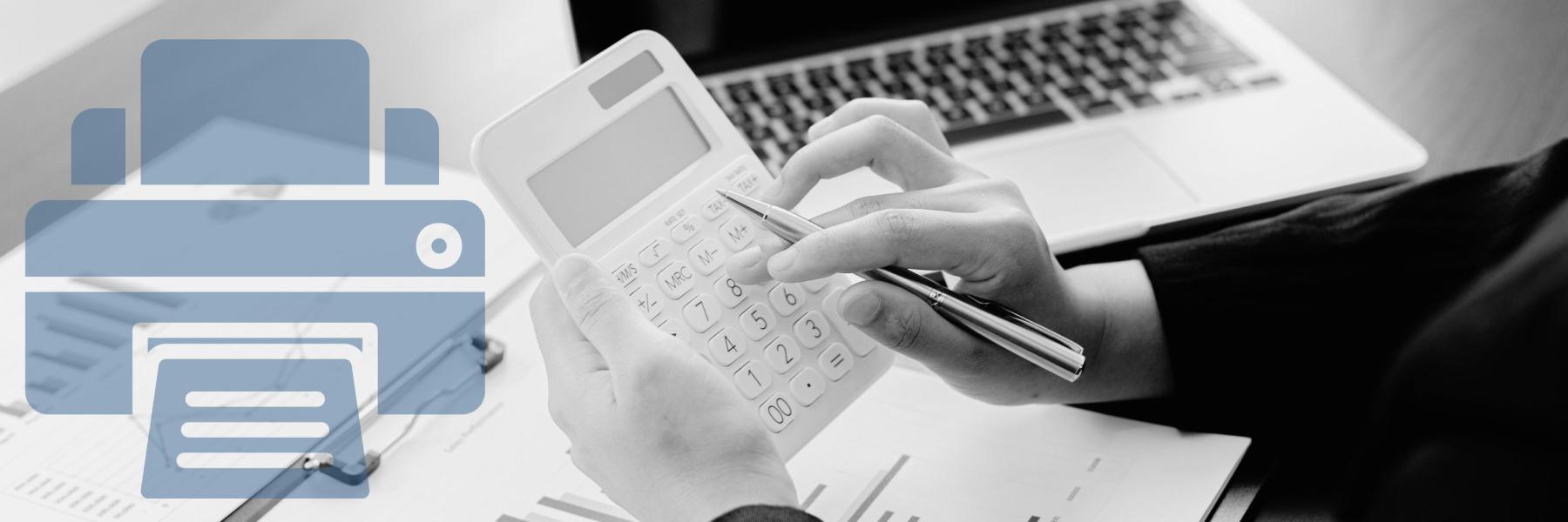 A person calculating a budget with calculator, paper, and laptop