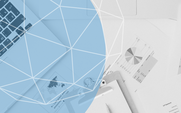 Blue background with computers and data-based documents.