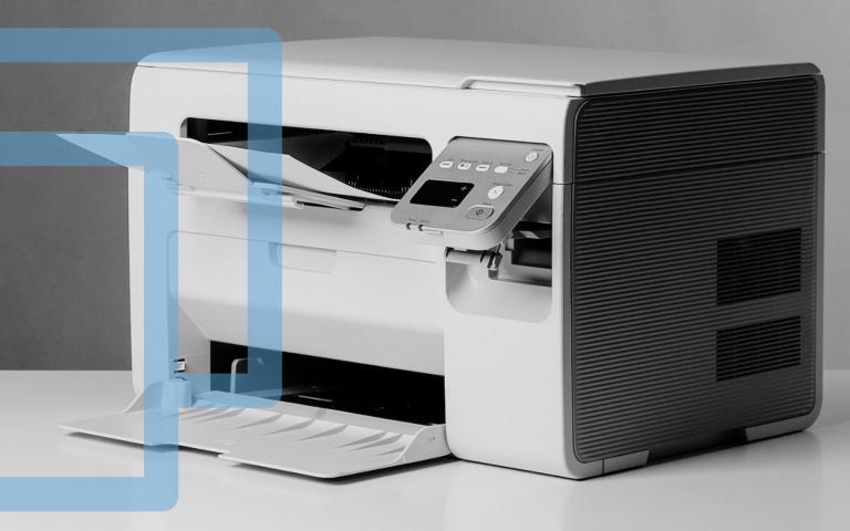 An A4 printer with a graphic overlay of two different square sizes