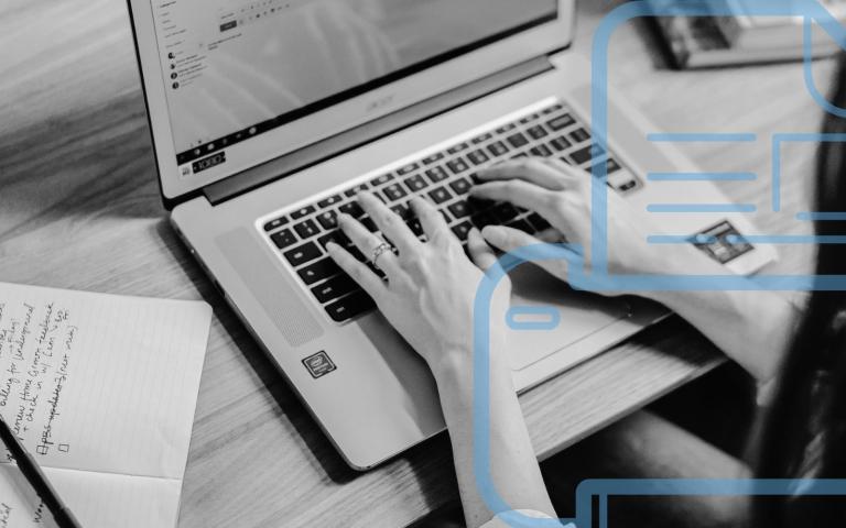 A woman works on a Chromebook with graphic overlay of a printer