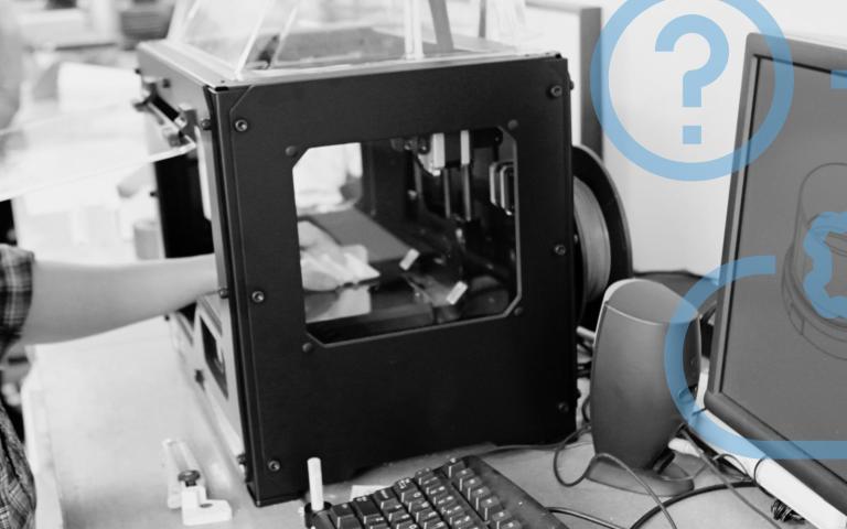 A man uses a 3D printer and a graphic overlay depicts a problem and solution