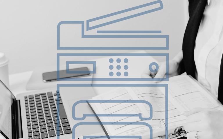 A woman works on her MacBook and a graphic of a printer is overlayed on top