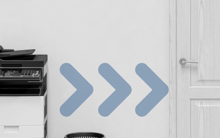 A printer in an office and a graphic overlay of movement