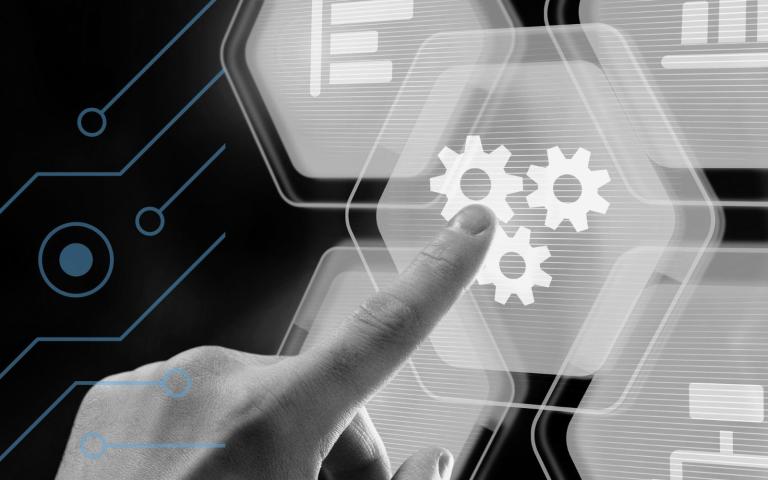 A man is choosing innovative solutions with an overlay of technology