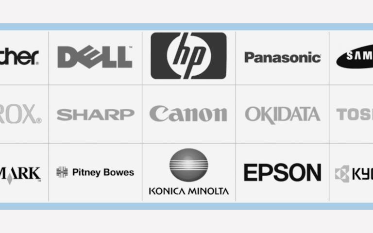 A list of 15 major printer brands with their logos displayed