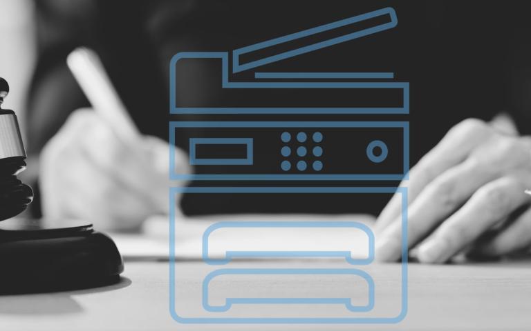 A man in the legal field signs papers with a graphic overlay of a printer