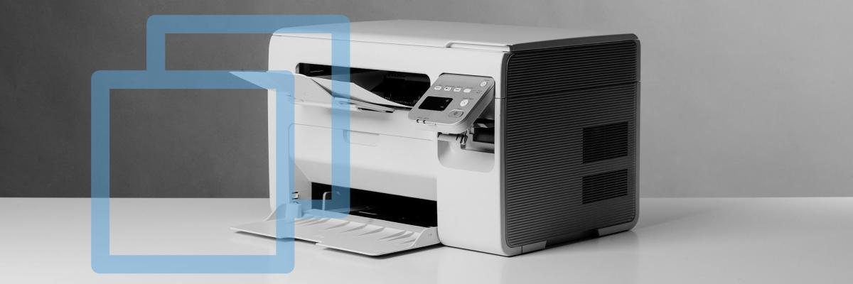 An A4 printer with a graphic overlay of two different square sizes