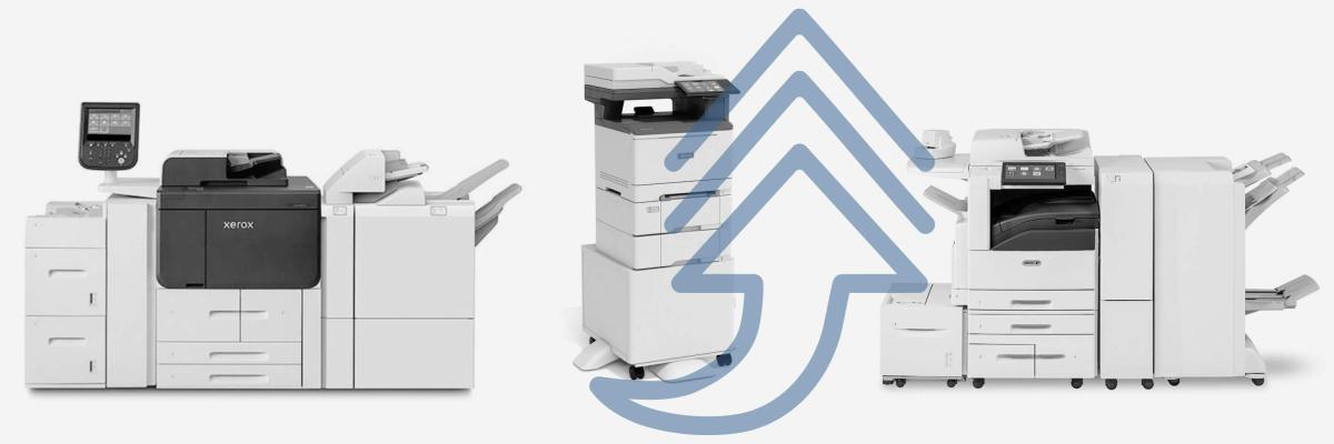Different Xerox copiers with arrow graphic pointing up