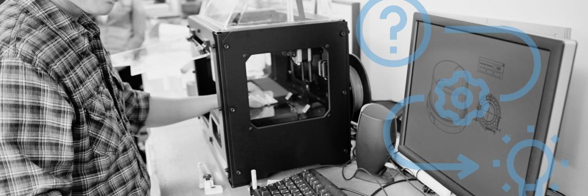 A man uses a 3D printer and a graphic overlay depicts a problem and solution