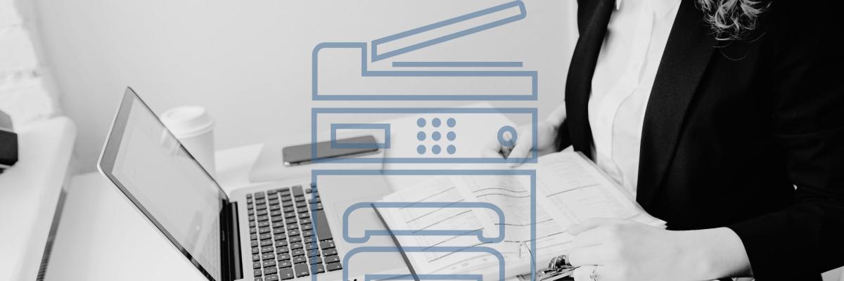 A woman works on her MacBook and a graphic of a printer is overlayed on top