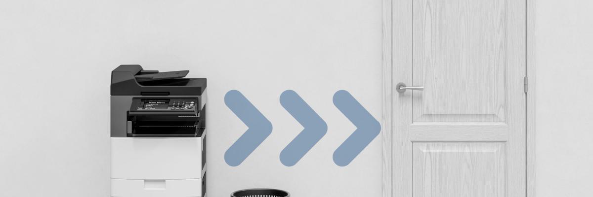 A printer in an office and a graphic overlay of movement