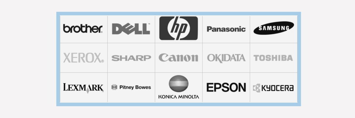 A list of 15 major printer brands with their logos displayed