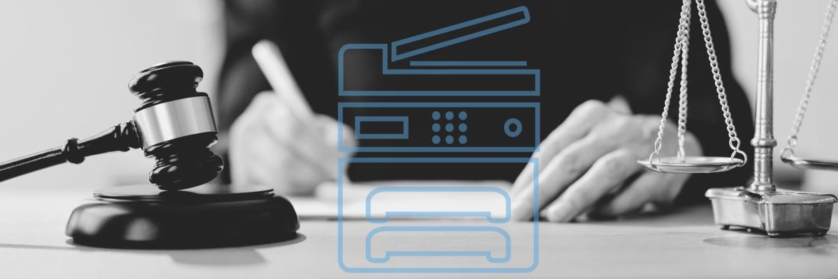 A man in the legal field signs papers with a graphic overlay of a printer