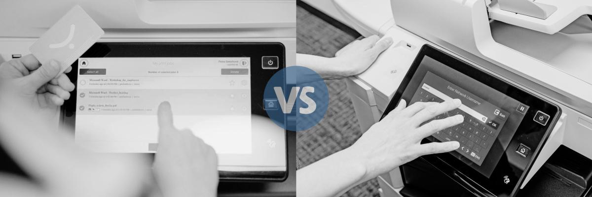 Side by comparison of person using Ysoft SafeQ Software and someone using Xerox Standard Accounting on Xerox printer