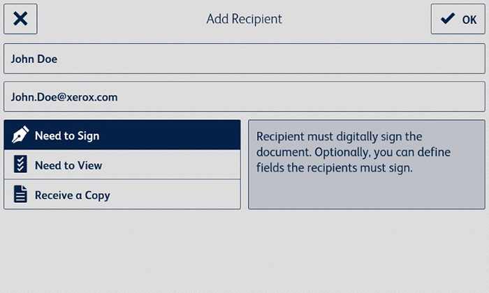 Xeros Connect for DocuSign printer app_Add Recipient page