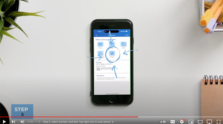 Xerox partner opens Xerox Workplace Mobile app on phone and heads to printers section