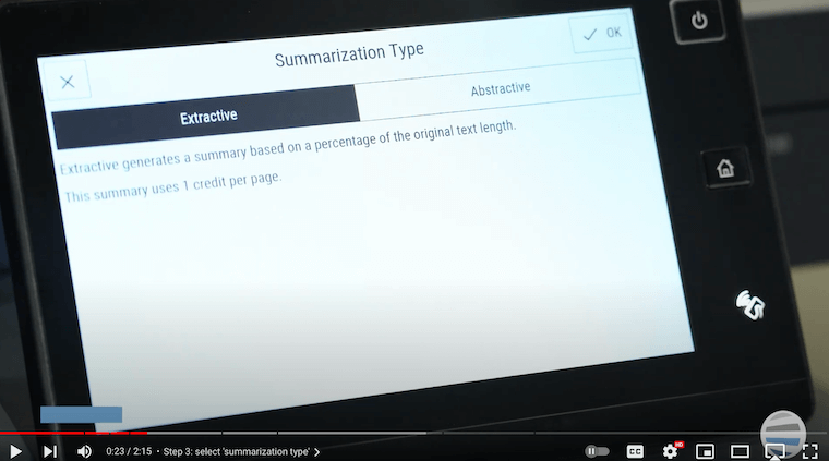 Xerox partner selects a summarization type on Summarizer App