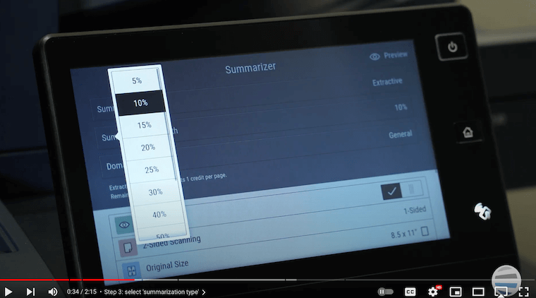Xerox partner selects summarization length or percentage of original document length on the Summarizer App