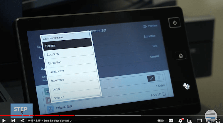 Xerox partner selects Domain option on the Summarizer App