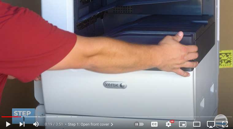 Printer technician opens front & left side cover of Xerox VersaLink C7020/C7025/C7030