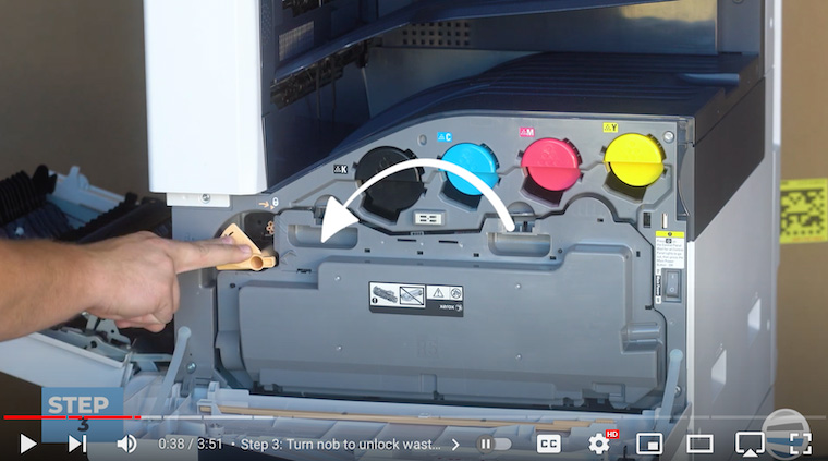 Printer technician unlocks waste cartridge on Xerox VersaLink C7020/C7025/C7030