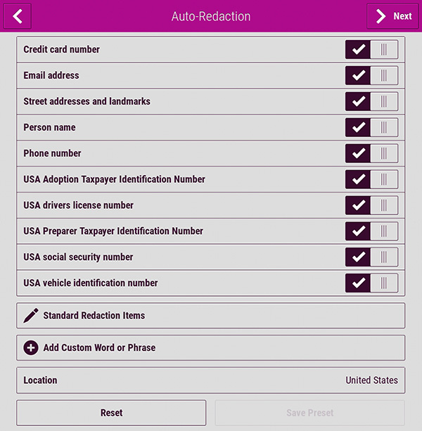 A menu from the Xerox Auto-Redaction app shows the information to be redacted